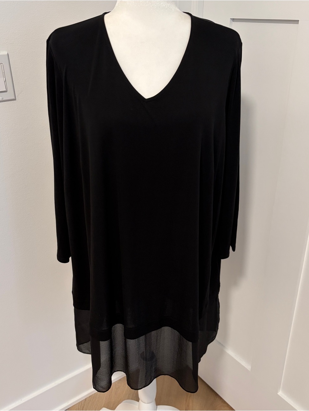 Eileen Fisher Black 100% Silk V Neck Tunic Top Sheer Hem L/XL Oversized*Q29